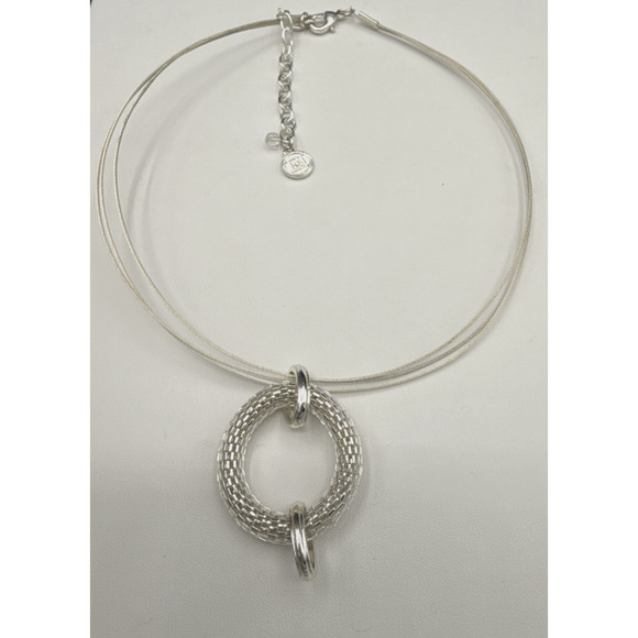 Multi Strand Cable Necklace 19 in Silver Tone Mesh Circle Pendant Dana Buchman - Picture 4 of 5